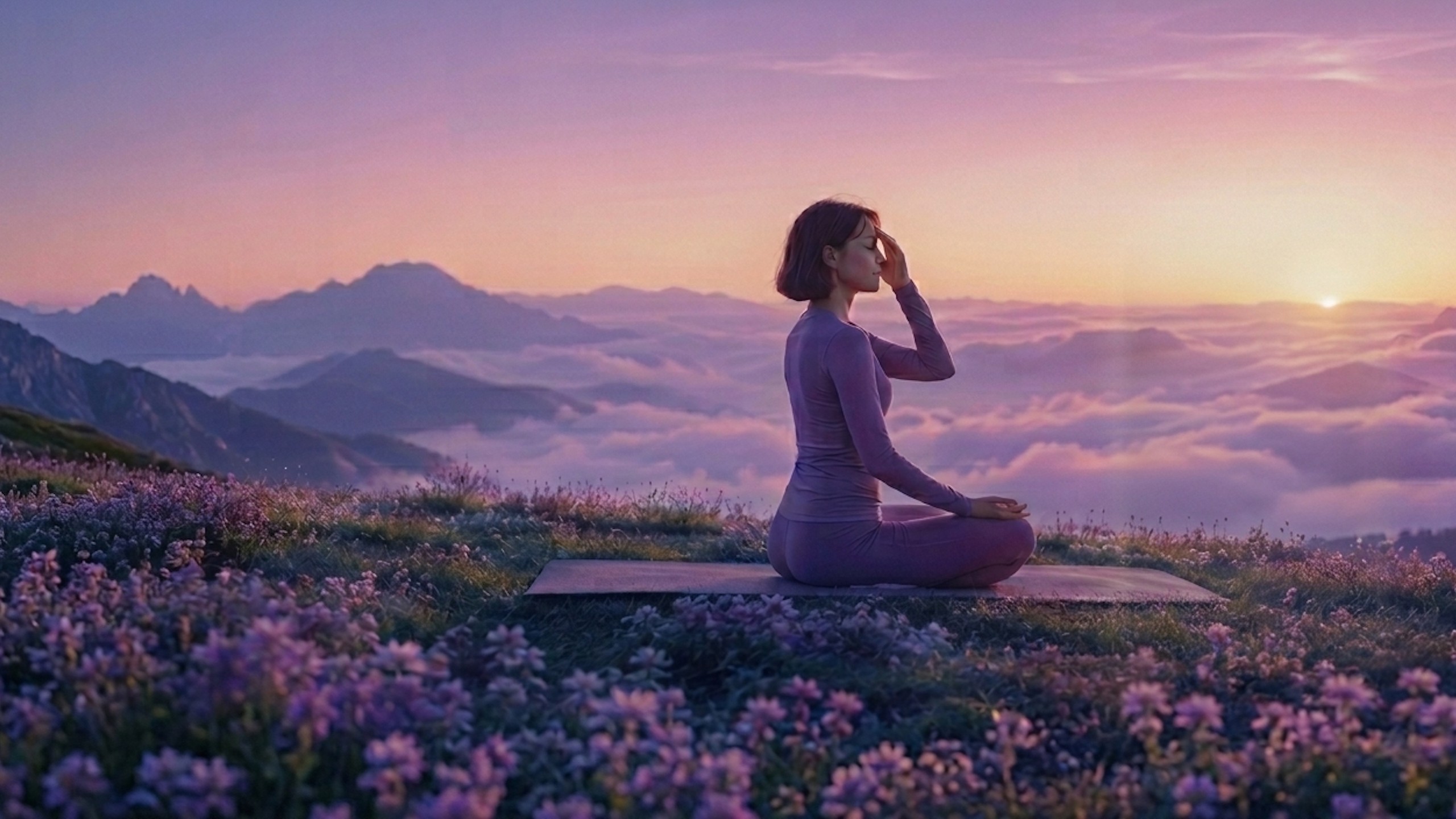 A woman finds calm above the clouds at sunrise, with the MigraineCast app open on her phone